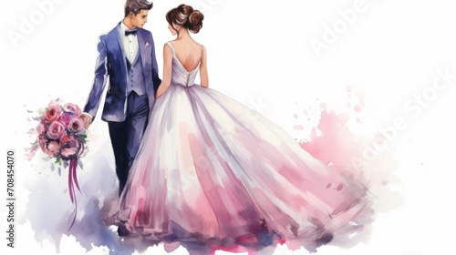 Watercolor couple silhouette against sunset, romantic wedding concept