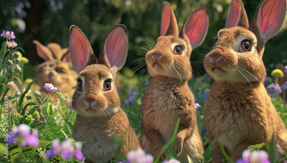 Group of rabbits exploring a garden their inquisitive noses and twitching whiskers capturing the essence of their adorable curiosity