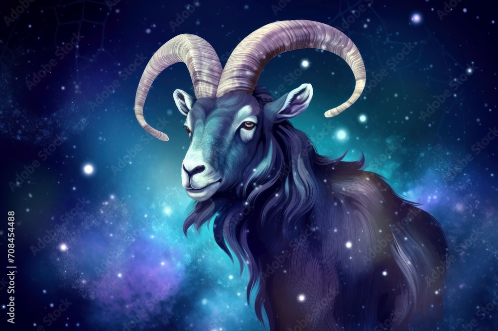 Capricorn astrology horoscope sign. Astrological shiny starry horned creature zodiac. Generate ai
