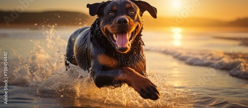 Energetic and excited, this Rottweiler eagerly awaits a beach sprint at sunset.