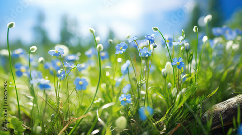 A scenic portrayal of tiny azure blossoms in full bloom, nestled in a green field, illustrating the colorful and peaceful side of nature.