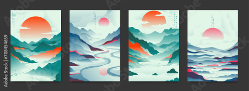 A collection of creative abstract landscapes of mountains with the sun painted by hand. photo