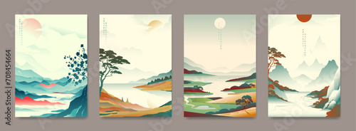 A collection of beautiful landscapes in oriental style. For decoration, postcards, covers, etc.