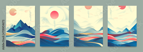 A collection of landscapes in an abstract style. Waves against the background of the sun and mountains.