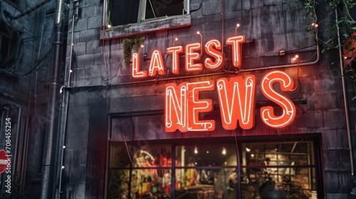 A neon sign on a building that says 'latest news', AI
