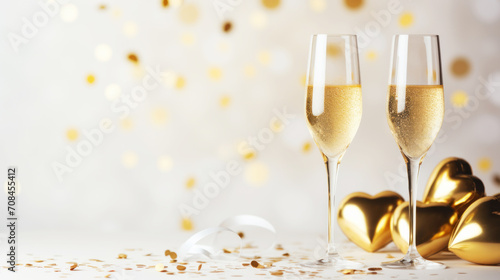 Aesthetic invitation layout with glasses of champagne. Festive light golden background. Party concept. Generative AI