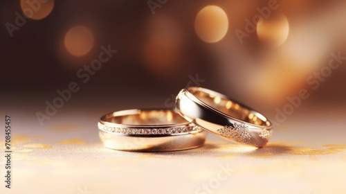Elegant Wedding Rings on Warm Golden Backdrop, Symbol of Love
