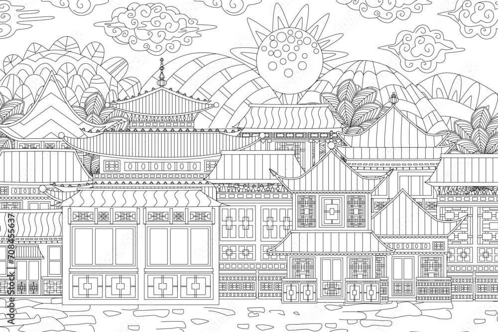 colouring book page for adults and children with ancient asian c colouring book page for adults and children with ancient asian c