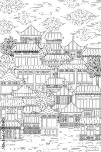 colouring book page for adults and children with cloudy ancient