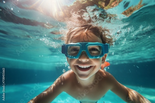 a child, a boy, swims in the pool wearing goggles for swimming underwater. water treatments, a kind of sport. © MaskaRad