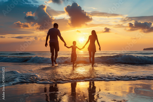 Happy family relaxing on tropical sandy beach with. Summer, vacation and travel concept