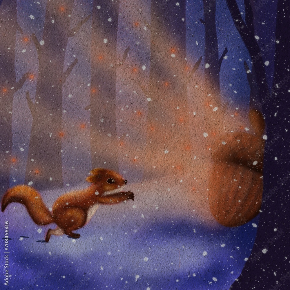 Squirrel going after a nut. Walnut glowing in winter forest illustration. Happy squirrel reaching the nut. Wallpaper illustration for children with Autumn nature and wild woods. 