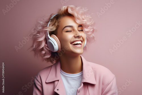 Young blonde woman listens to music using headphones. Girl is enjoying the moment. Pink studio background.