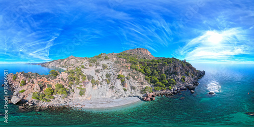 Wallpaper Mural 360 degree VR image. Paradise beach with turquoise waters. Aerial view of colorful beach with beautiful colored water. Mediterranean Sea. Andalusia. Spain. Torontodigital.ca