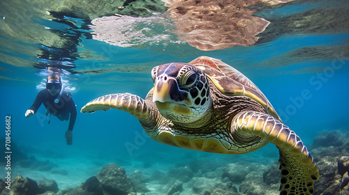  Green sea turtle underwater with snorkeler