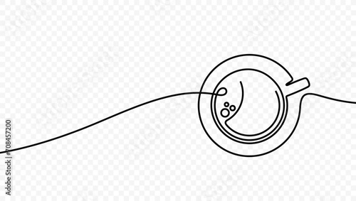 Continuous one line drawing cup of hot coffee vector design. Single line art illustration hot drink on transparent background