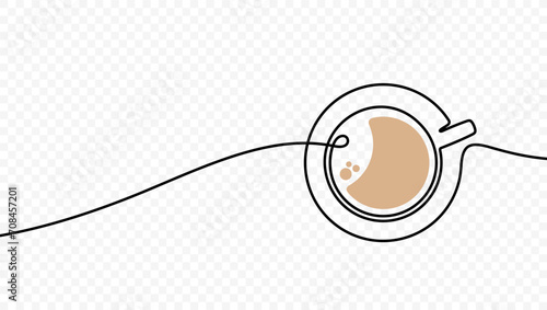 Continuous one line drawing cup of hot coffee vector design. Single line art illustration hot drink on transparent background