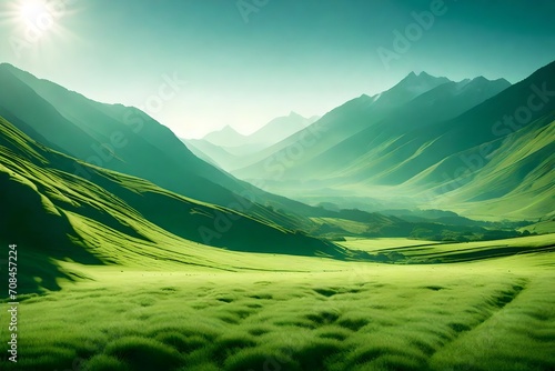 A serene valley covered in a blanket of soft, green grass, with the distant mountains shrouded in a gentle mist under a clear blue sky.