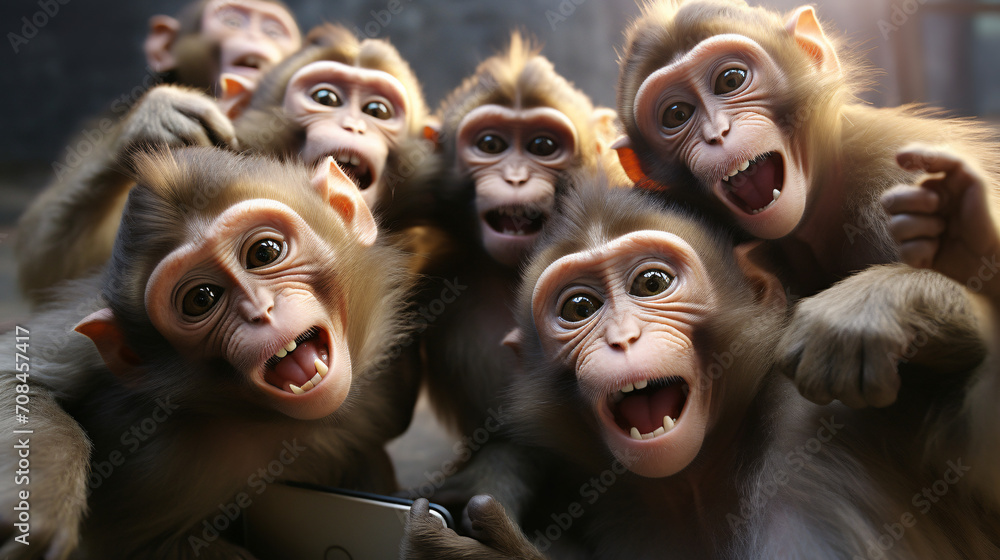  group of monkeys taking selfie