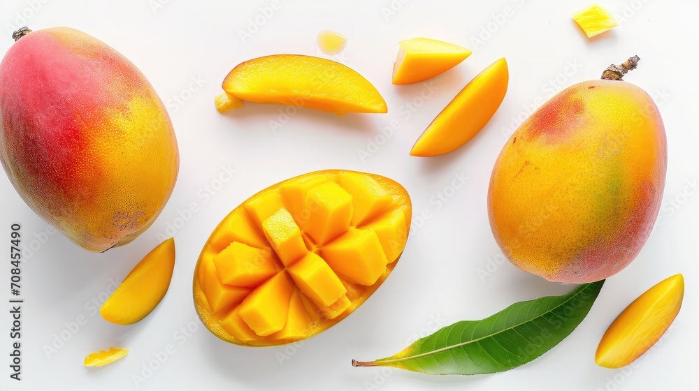 Mango fruit and half with slices isolated on white background. Top view. Flat lay Mango fruit and half with slices isolated on white background. Top view. Flat lay
