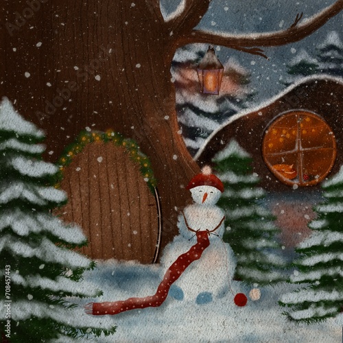 Snowman infront of cozy home and knitting a scarf to herself illustration while fox is sitting at home and watching. Winter holidays illustration. Outdoor activity, winter concept illustration