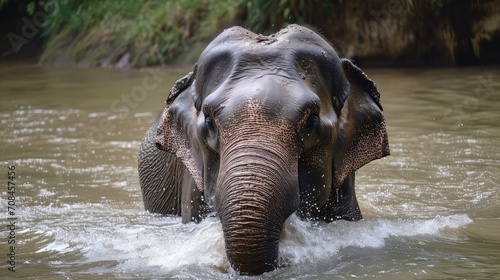male Asian elephant is enjoying bathing. © buraratn