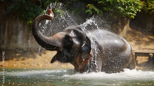 male Asian elephant is enjoying bathing.