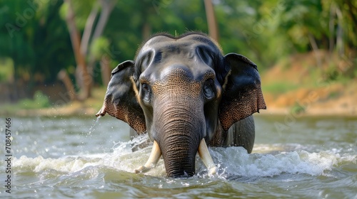 male Asian elephant is enjoying bathing.