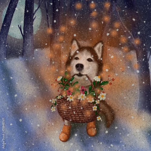 Waiting for spring illustration. Husky dog holding a basket and waiting for spring time. Planting flowers and waiting for summer time. Cute adorable husky in winter landscape illustration. 