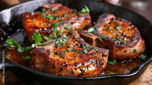 Pork chops cooked with garlic in a cast iron pan photo