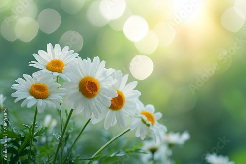 A field of white daisies with a blurred background and sunlight shining through.