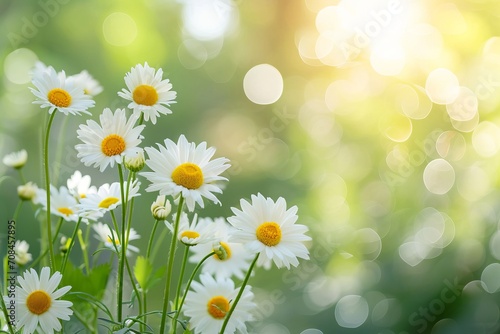 A field of white daisies with a blurred background and sunlight shining through.