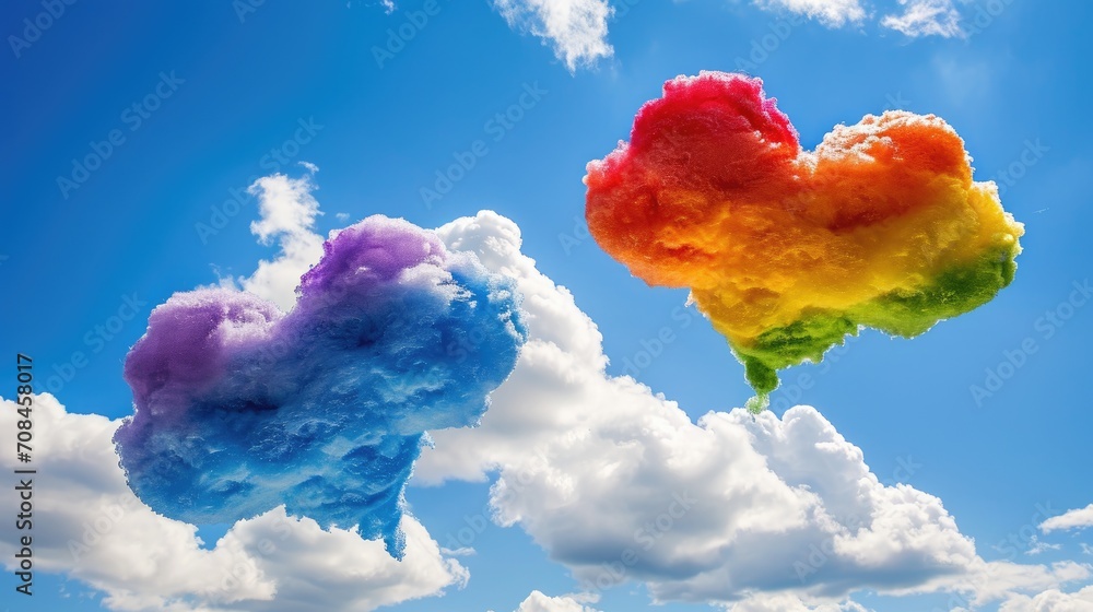Colorful rainbow clouds in the shape of a heart on a blue sky on Valentine's Day, Ai Generated
