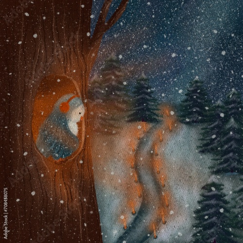 Landscape view of a magical forest at night in winter landscape. Magical owl sitting inside a tree and looking down illustration. Fairy tale story about wishing owl. Winter illustration cartoon animal