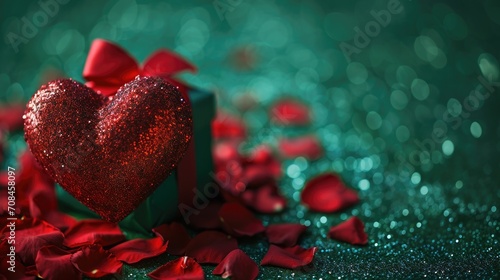 Heart shaped box with gifts and red rose petals on green background, Ai Generated