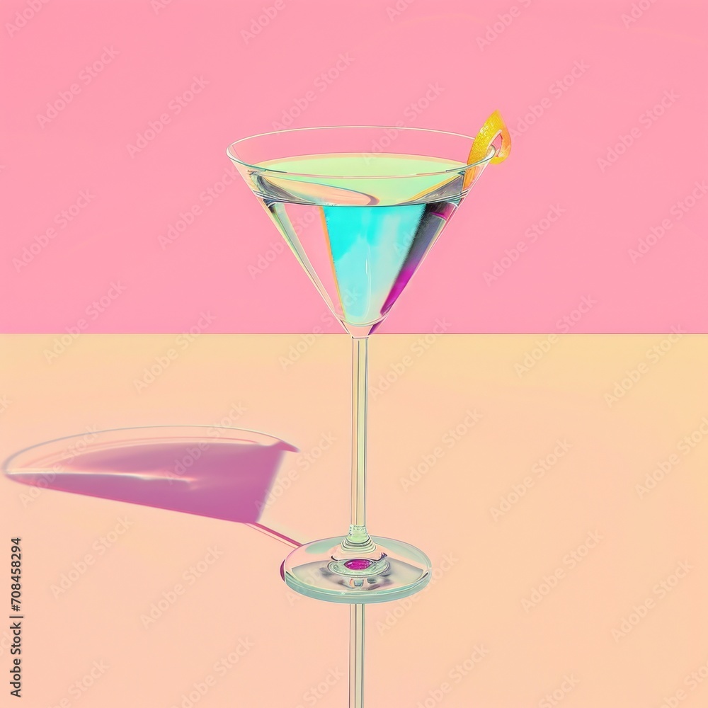 Cocktail in a martini glass on a pink and yellow background.