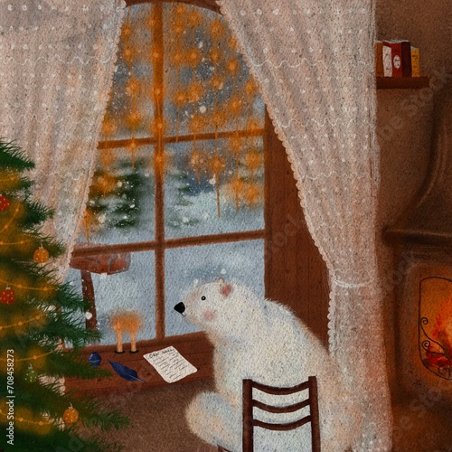 Polar bear writing a letter to a Santa Claus illustration. Christmas Wish list. Cute cartoon animal sitting on a chair and looking out of window. Fireplace is burning, cozy home vibes drawing. 
