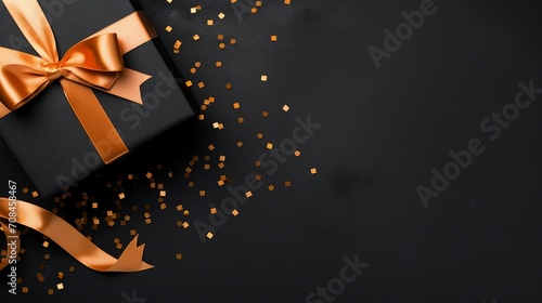 Stylishly Wrapped Giftbox - Top-Down View of Black Box with Shiny Orange Satin Ribbon Bow on Isolated Background, Perfect for Special Occasions and Celebrations © Pasinee
