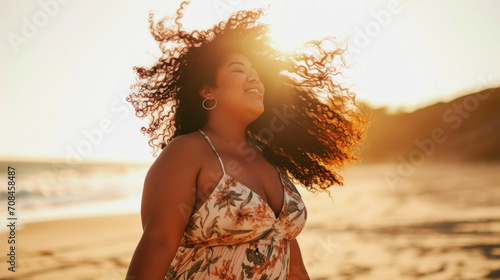 Beautiful happy plus size girl dancing on the beach with her hair flying. Body love concept. Generative AI photo