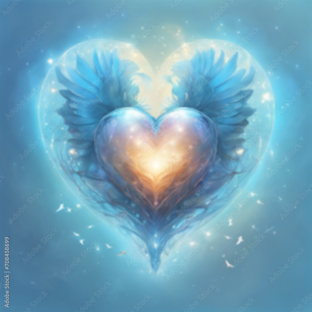 Glittering transparent white three-dimensional heart Glows with bright blue light Inside was a heart that glowed with a golden glow and strong blue wings on both sides. Glittering transparent white three-dimensional heart Glows with bright blue light Inside was a heart that glowed with a golden glow and strong blue wings on both sides.