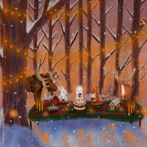 Happy animals in winter table. Celebrating and eating good food in winter. Festive Christmas and New Year table. Elk, Rabbit, Fox, Ghost, roe deer and birds in winter landscape illustration. 