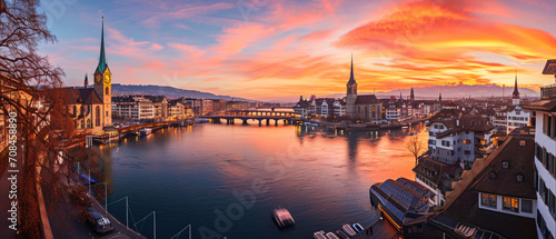 Zurich City Beautiful Panorama Sunset