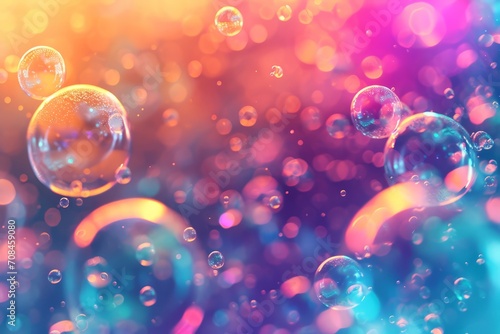 a group of floating bubbles against a rainbow-colored background with bokeh effects.