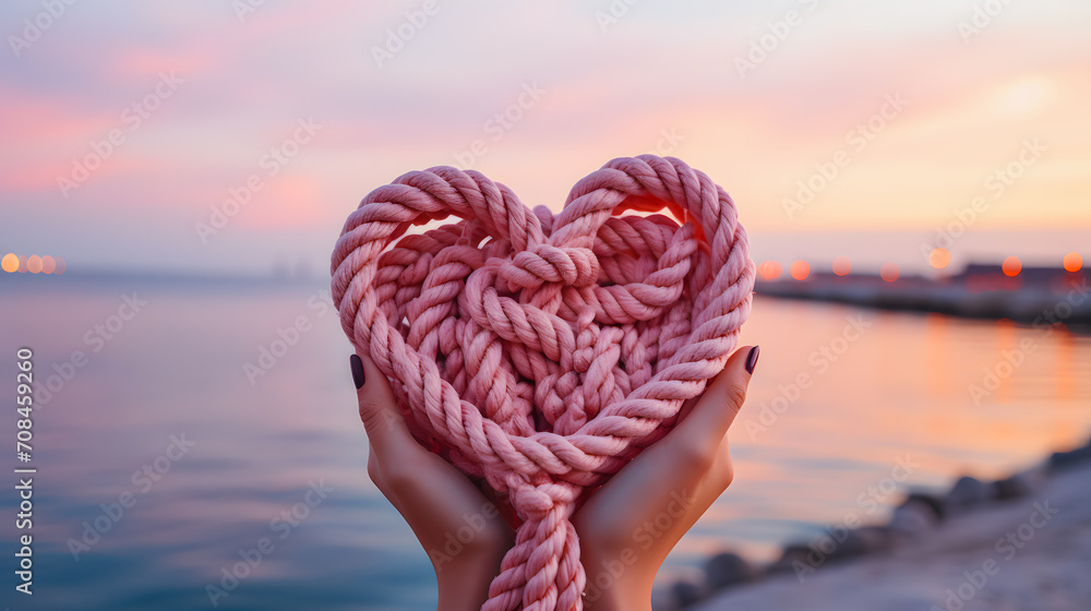 A pink sailor's rope rolled into a heart shape held by female hands by the sea. Heart-shaped sailor knots. - obrazy, fototapety, plakaty 