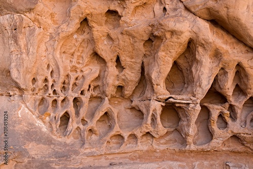 Detail of rock formations in the Tadrart Rouge rocky mountain range in Tassili n Ajjer National Park. Sahara desert, Algeria, Africa.