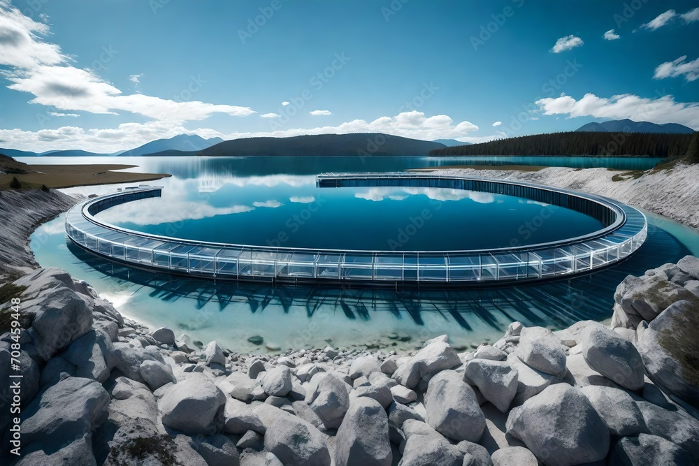 Advanced water purification facility surrounded by crystal-clear lakes, ensuring a sustainable water supply for the colony.