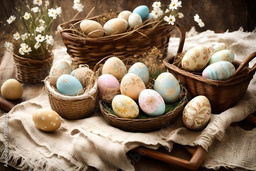 A rustic Easter picnic setting with a vintage blanket, woven baskets, and decorative eggs.