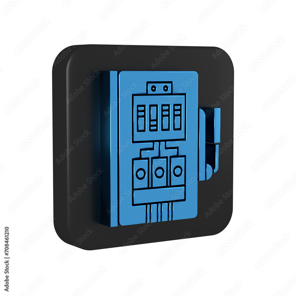 Blue Electrical panel icon isolated on transparent background. Black square button. Blue Electrical panel icon isolated on transparent background. Black square button.