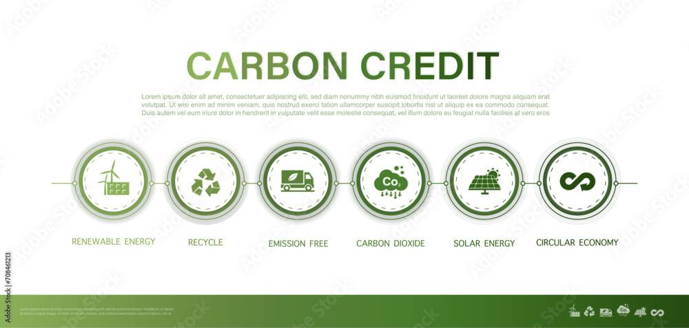 Carbon credits Concepts about the amount of reducing carbon dioxide emissions in various industrial sectors. Business and environment sustainable. Green energy vector illustration. - obrazy, fototapety, plakaty 