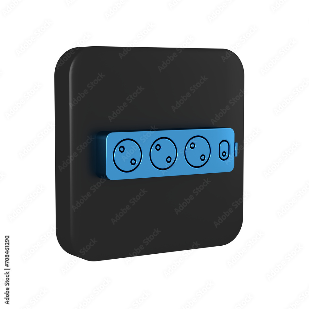Blue Electric extension cord icon isolated on transparent background. Power plug socket. Black square button. Blue Electric extension cord icon isolated on transparent background. Power plug socket. Black square button.